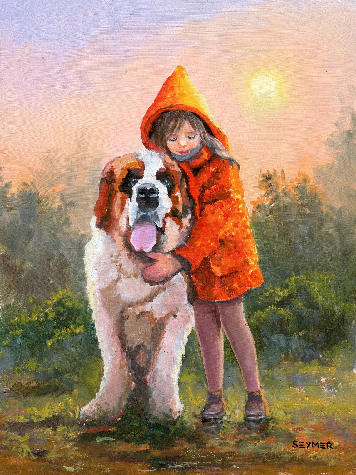 Little Girl in an Orange Hood Hugging a Saint Bernard Dog Poster