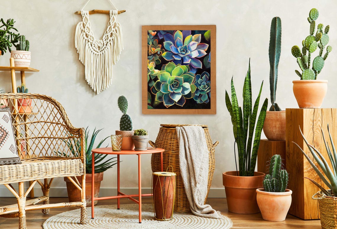 Blue and Green Succulent Cluster Oil Painting Botanical Print - Image 5