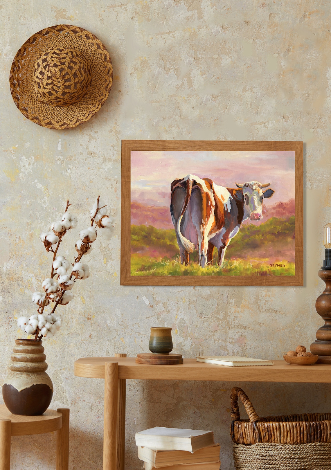 Brown White Cow Looking Back Pasture Sunset Farm Oil Painting Poster - Image 3