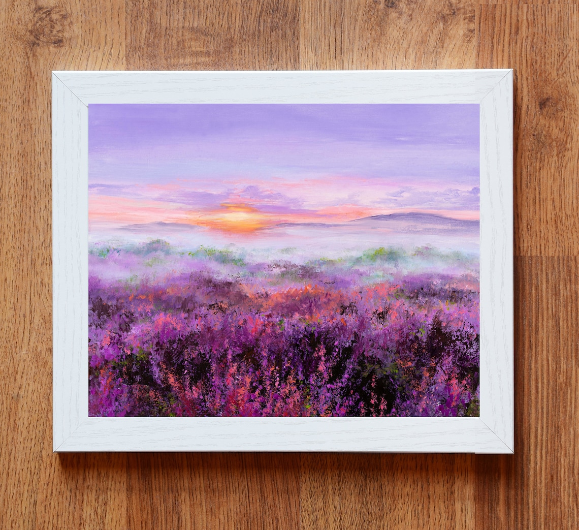 Purple Heather Field at Sunrise Oil Painting Landscape Poster - Image 3
