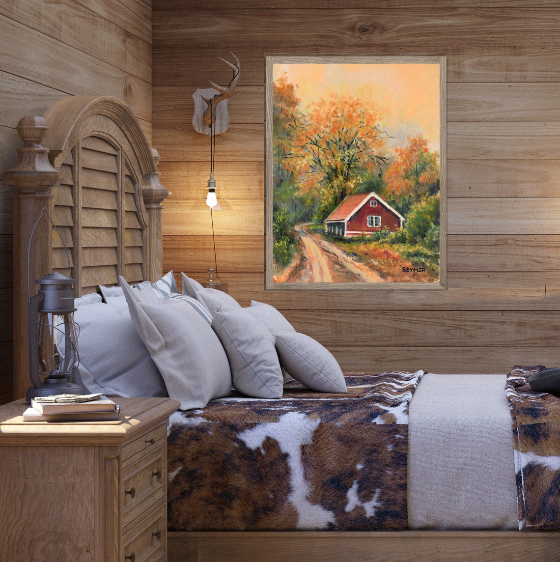 Red Country Cabin Nestled Among Autumn Trees at Warm Dusk Poster - Image 6