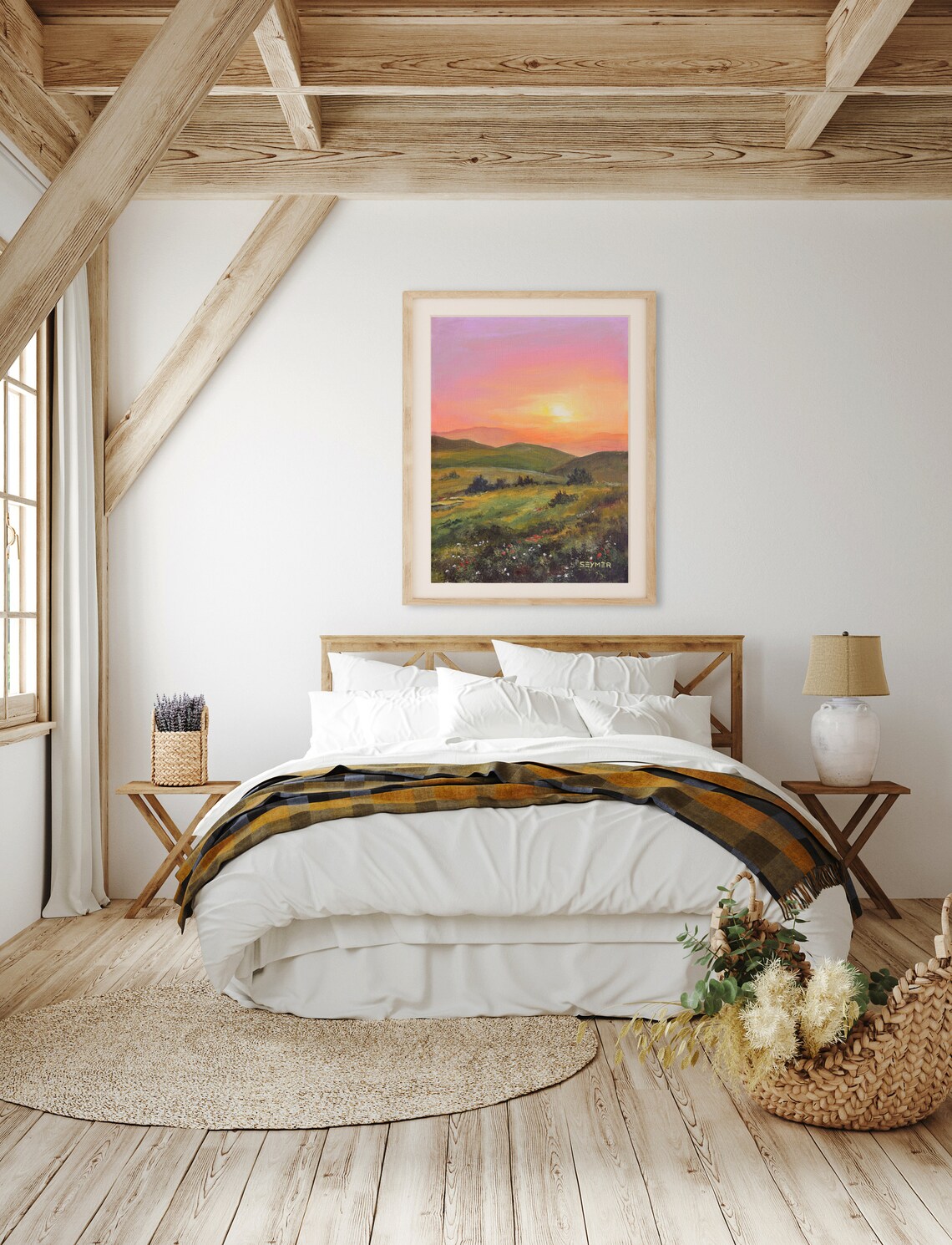 Green Valley Sunset Landscape Oil Painting With Wildflowers Poster - Image 4