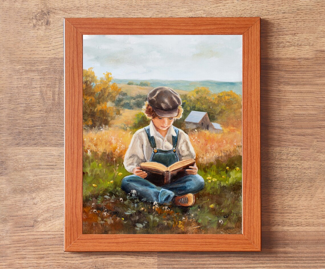 Farm Boy Reading A Book In A Sunny Meadow Near An Old Barn Poster