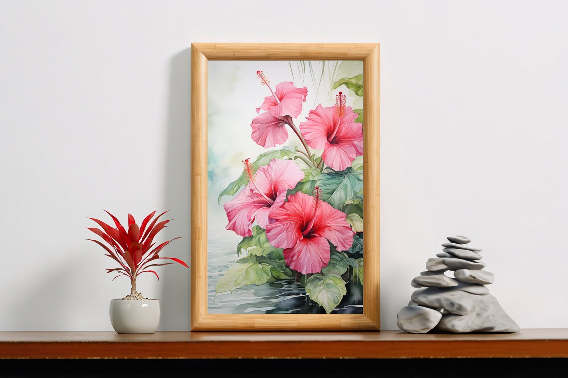 Pink Hibiscus Watercolor Art Print, Home Office Decor - Image 2