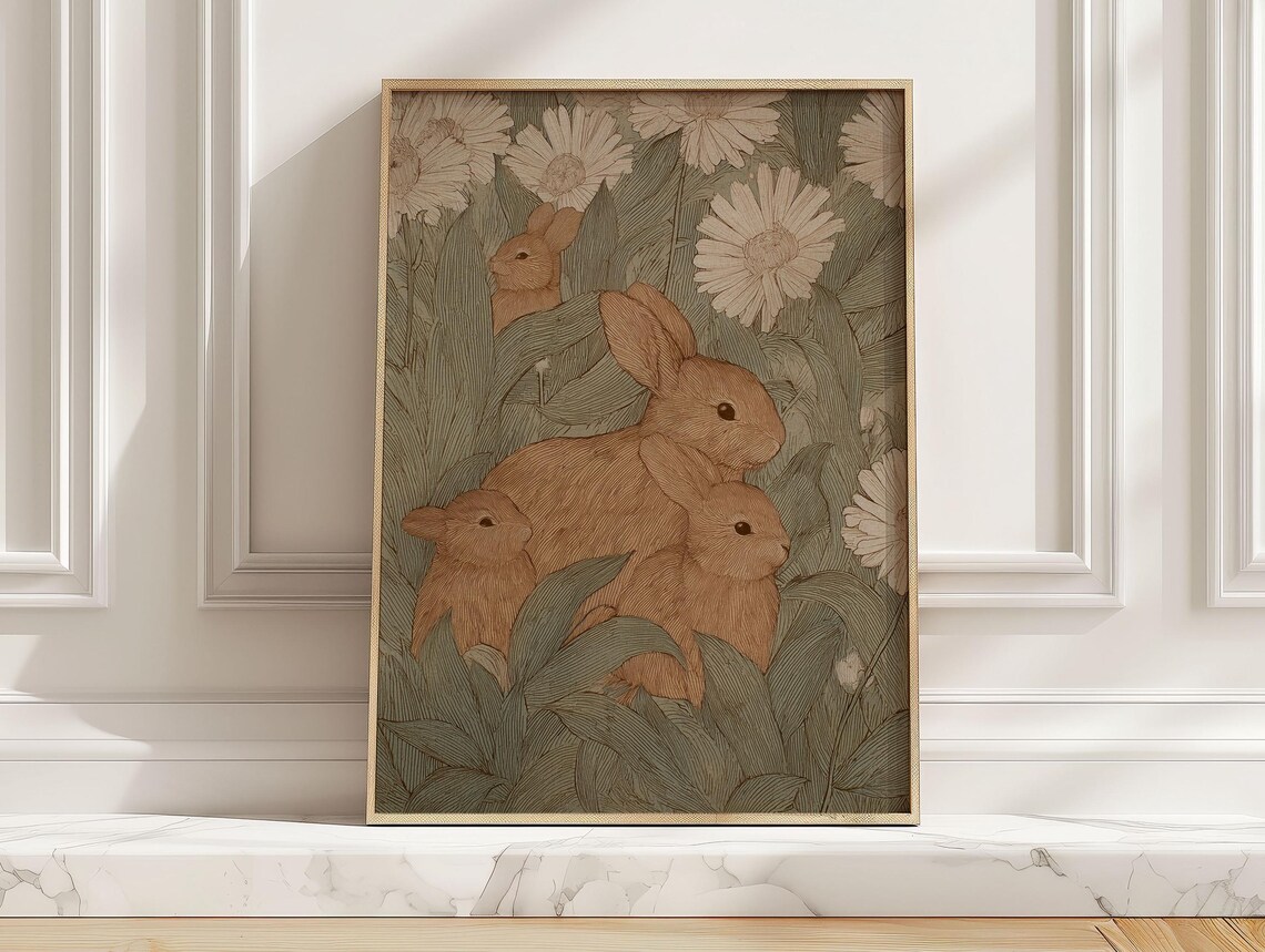Adorable Bunny Family In Daisy Meadow Vintage Botanical Poster