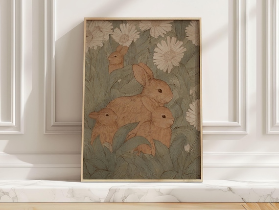 Adorable Bunny Family In Daisy Meadow Vintage Botanical Poster