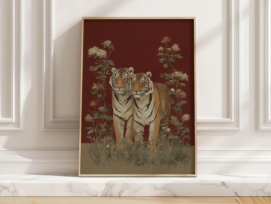 Tiger Pair Red Poster Vintage Animal Couple Floral Burgundy Room Art