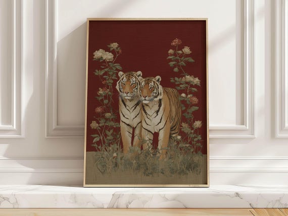 Vintage Tiger Pair Art Print Red Animal Couple And Floral Poster Eclectic Living Room