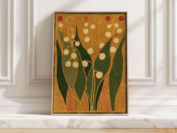 Lily of the Valley Art Nouveau Mustard Olive Vintage Botanical Poster