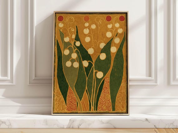 Retro Floral Botanical Art Print Mustard Yellow Green Lily Of The Valley Poster Midcentury Modern