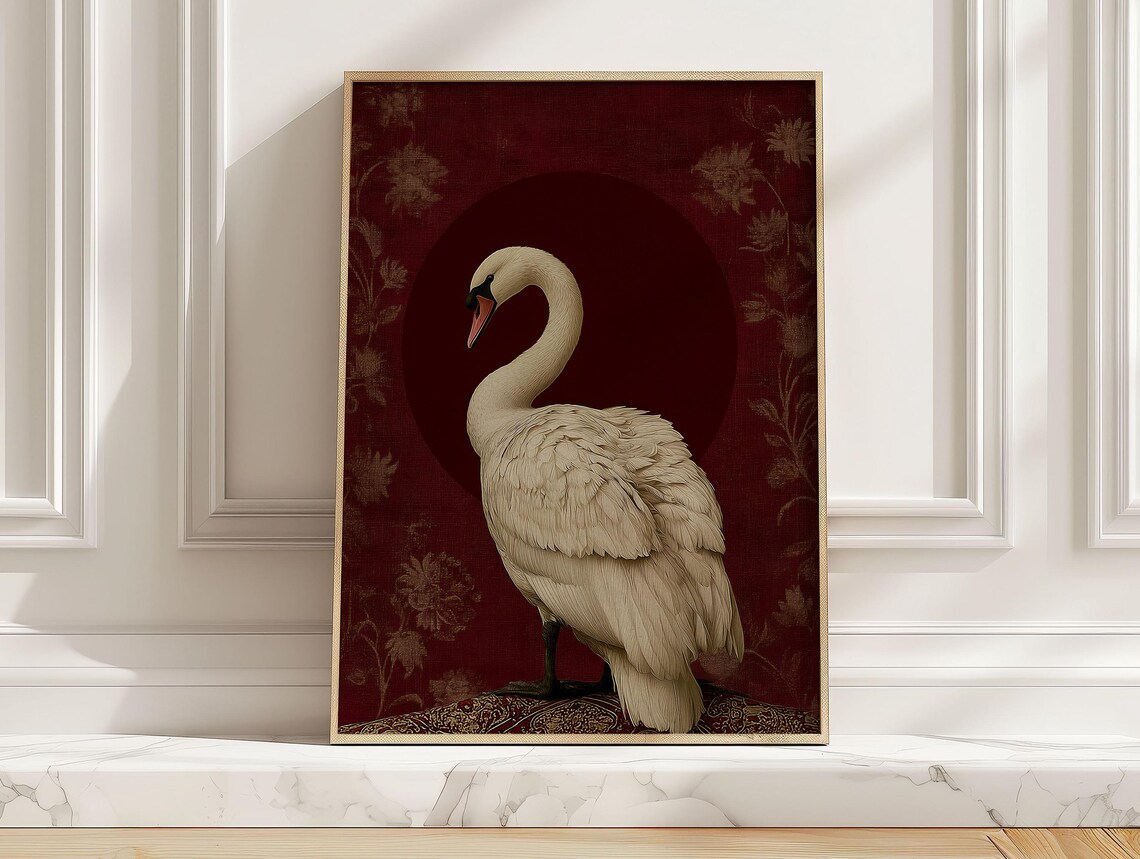Elegant Swan Over Floral Tapestry Pattern, Vintage Art Print