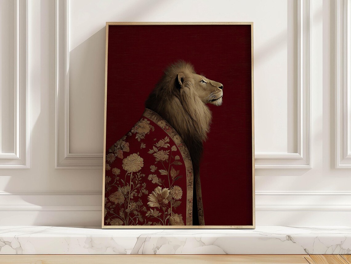Regal Lion Portrait Red Floral Cloak Burgundy Vintage Art Poster