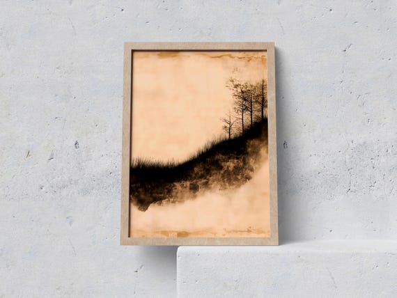 Misty Tree Hill Black Ink Wash Sepia Minimal Landscape Poster