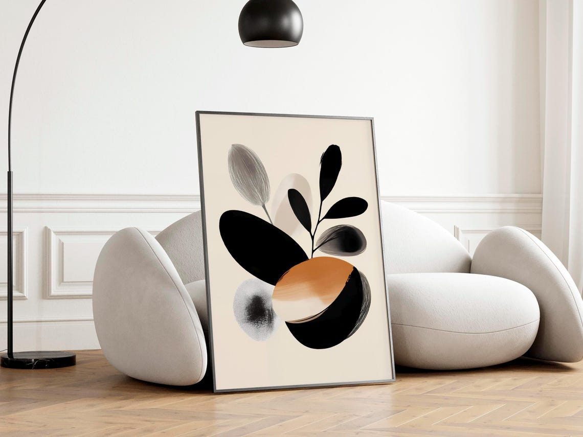 Minimalist Botanical Black Gold Leaves Abstract Japandi Art Poster