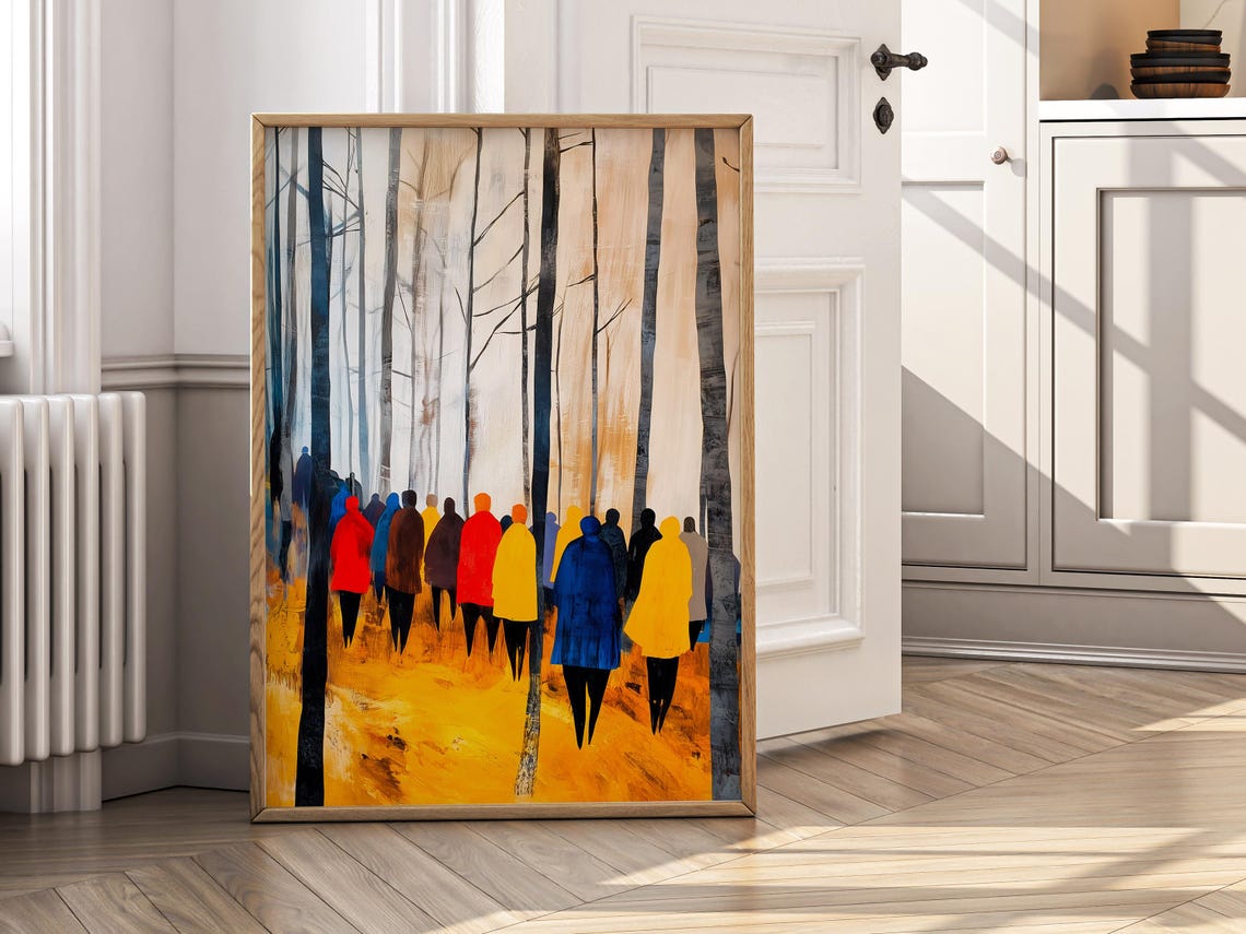 Colorful Crowd Birch Forest Autumn Retro Eclectic Painting Poster