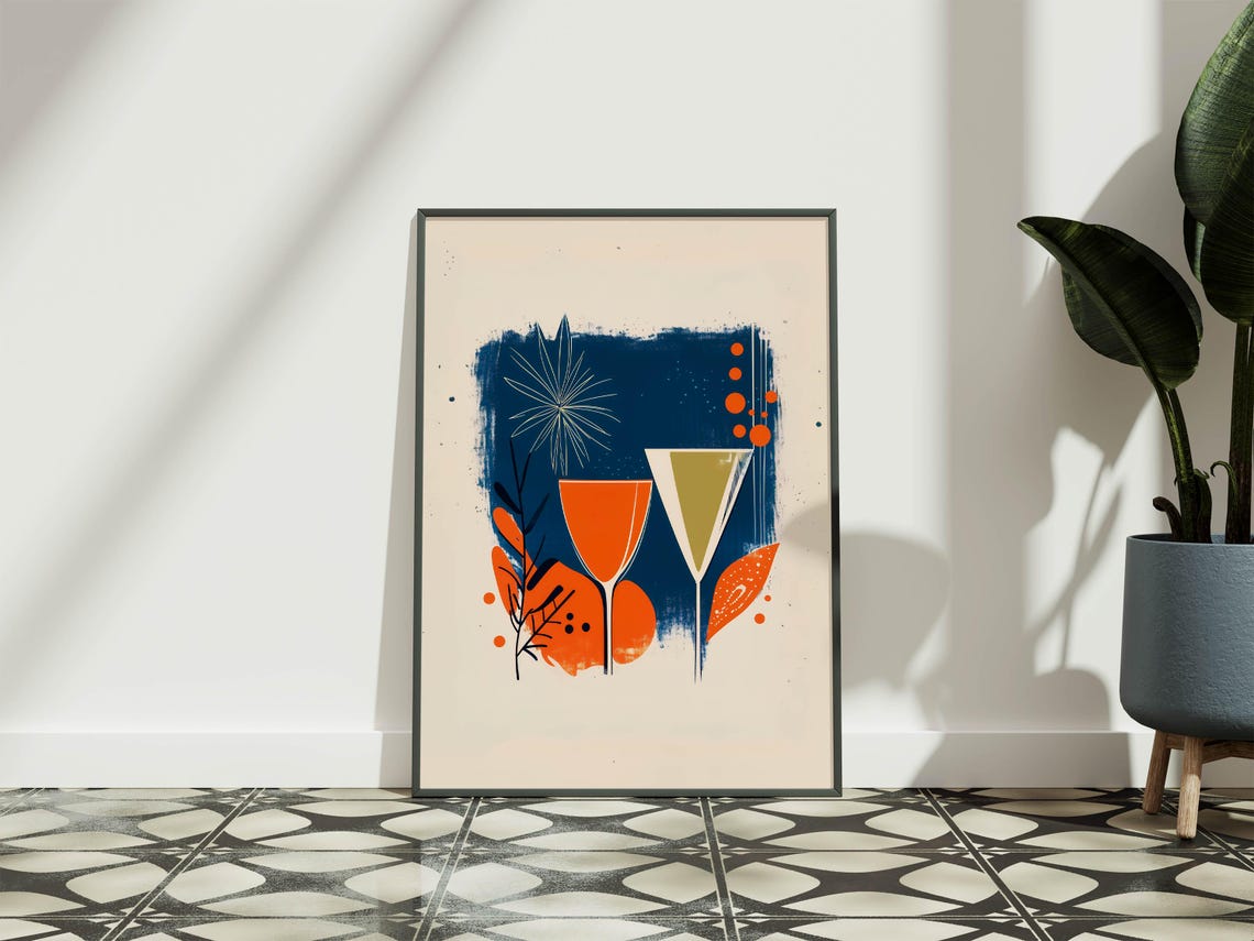 Retro Orange Gold Cocktail Glasses Navy Modern Bar Scene Poster