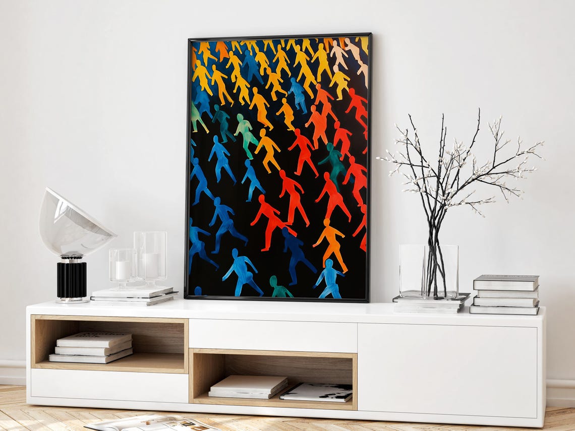Rainbow Crowd of Tiny Running Figures on Black Maximalist Poster