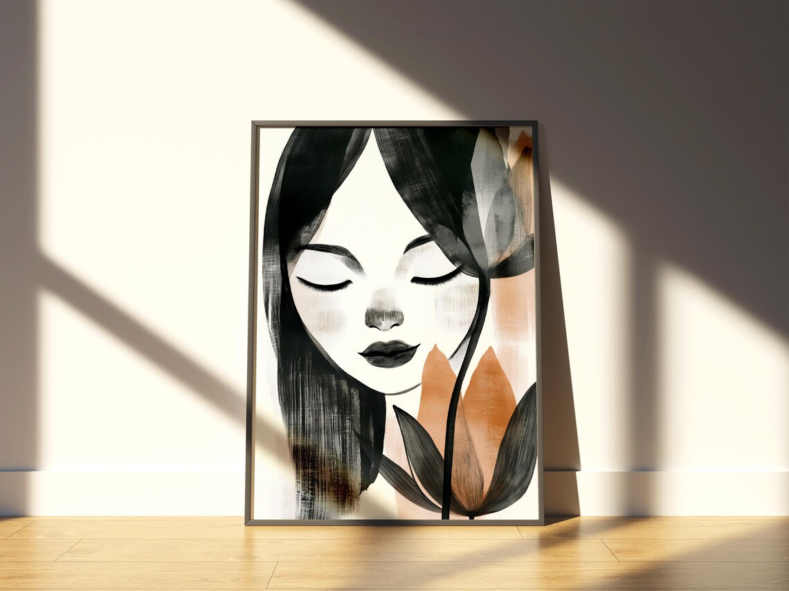 Abstract Woman Portrait Black Brush Hair Ochre Flowers Poster