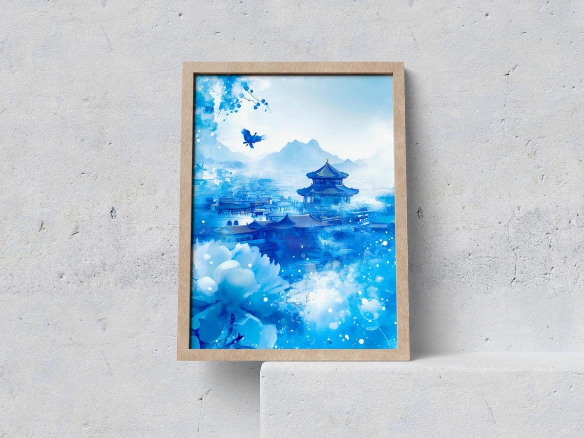 Dreamy Blue Oriental Pagoda Misty Mountain Watercolor Poster