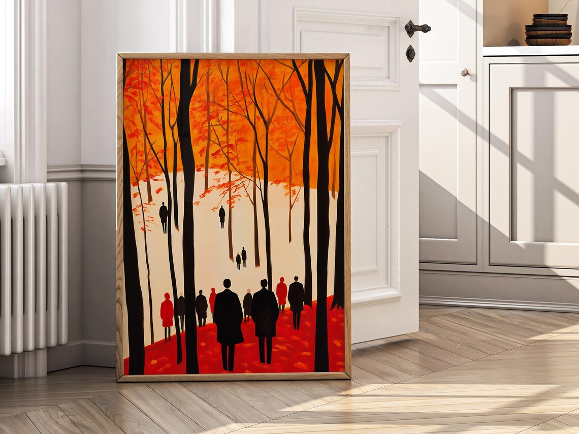 Silhouette Walkers Fiery Autumn Forest Wabi Sabi Fall Art Poster