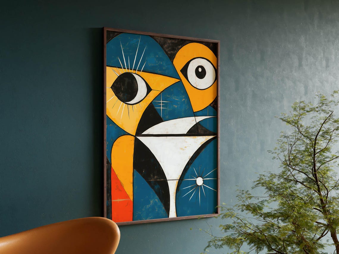 Blue and Gold Cubist Owl Modernist Abstract Bird Faces Art Poster