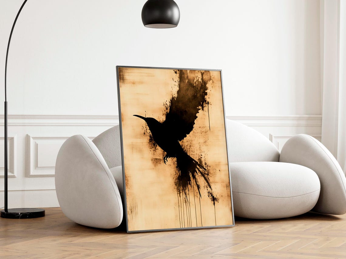Japanese Bird Silhouette Flying Black Ink Splash Sepia Art Poster
