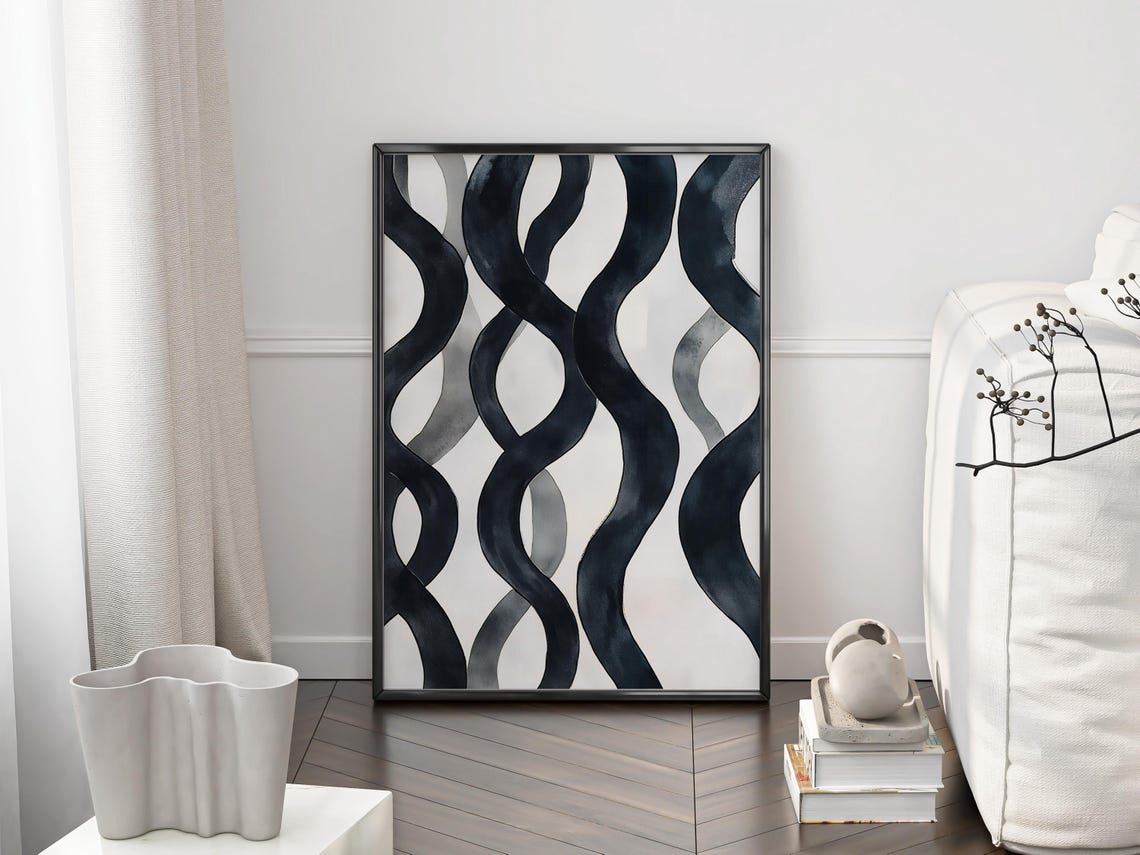 Wavy Black and Gray Ribbons Minimalist Abstract Ink Wash Art Poster