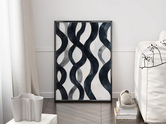 Wavy Black and Gray Ribbons Minimalist Abstract Ink Wash Art Poster