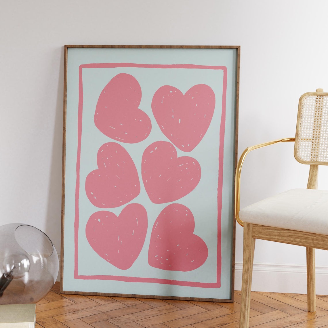 Six Pink Hand Drawn Hearts On A Pale Blue Backdrop Art Poster