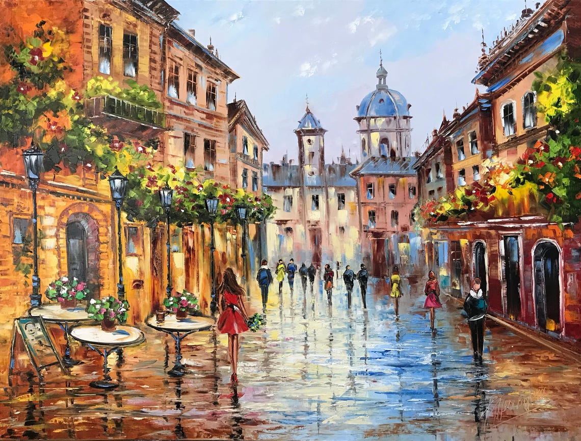 French Street Painting On France Street Art European Street Scene Oil Painting Original Street Cafe Painting French Urban Scene Art