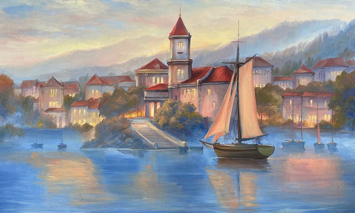 Italian Landscape Painting On Italian Village Oil Painting Original Italy Art Boat In Lake Painting Italian Coast Artwork