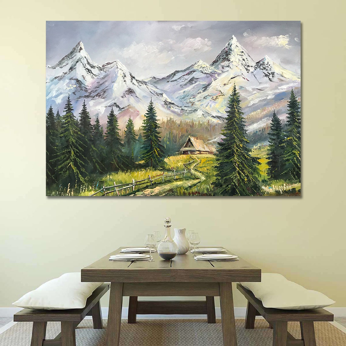 Smoky Mountains Painting Countryside Painting Pine Tree Wall Art Barn Nature Oil Painting Forest Decor Original Ukrainian Plein Air Painting - Image 2