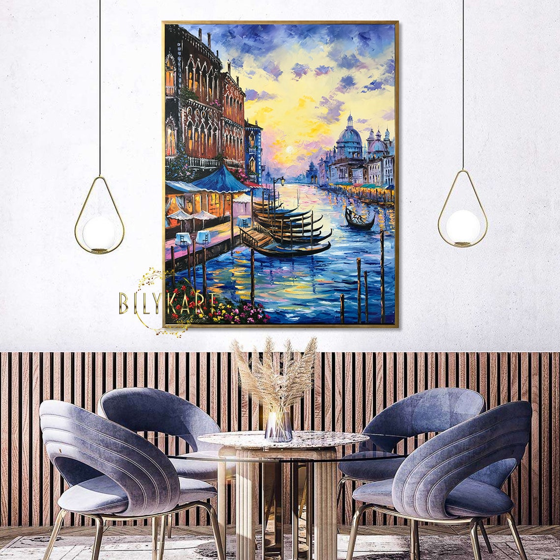 Large Venice Oil Painting Original Italy Art Gondola Oil Painting Venice Artwork Italy Wall Art Gold Sunset In Venice Grand Canal Painting - Image 3