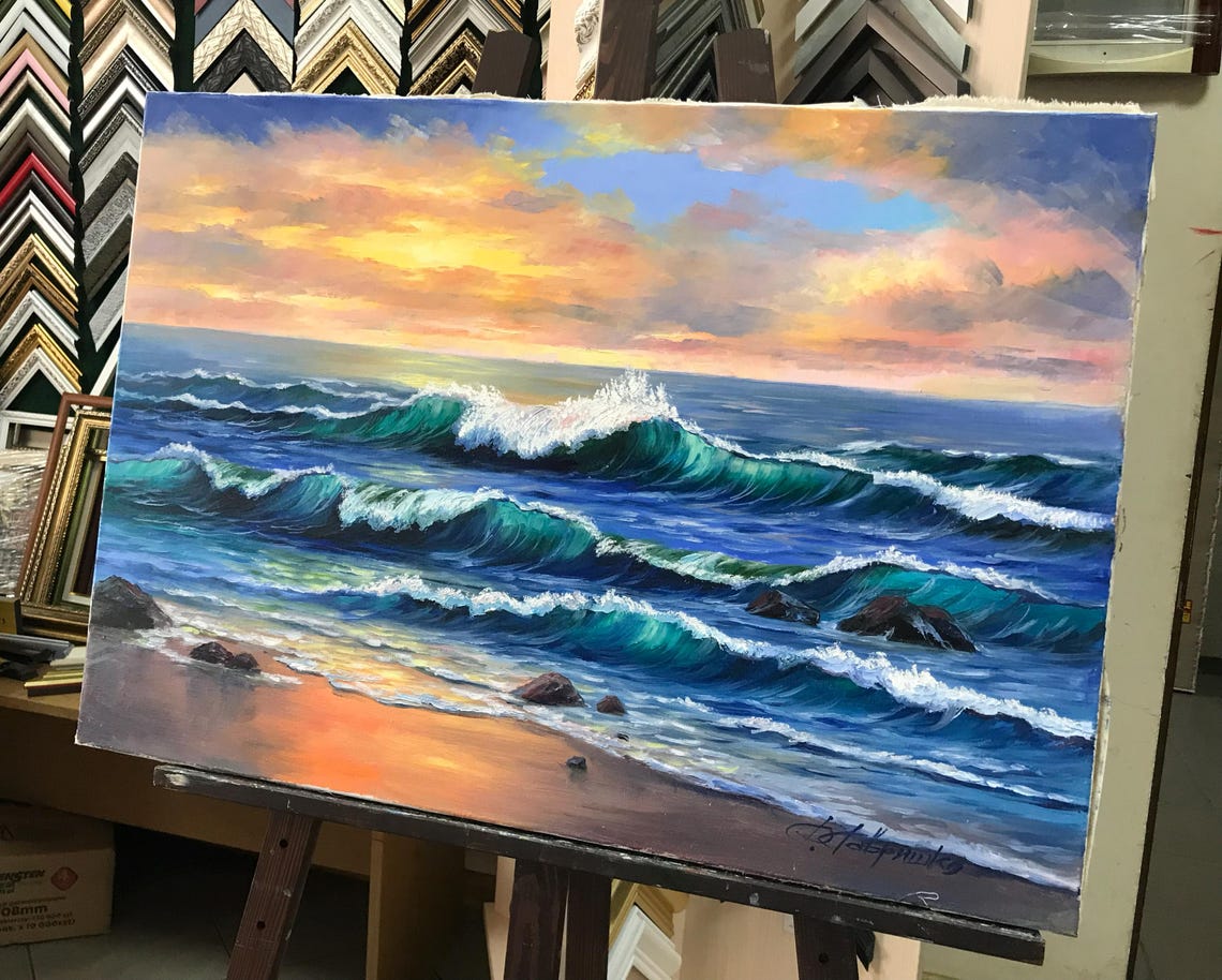 Seashore Painting Original Beach Scene Painting Oceanside Art Sea Sunset Painting Calm Beach Art Sea Oil Painting Textured Ocean Art - Image 3