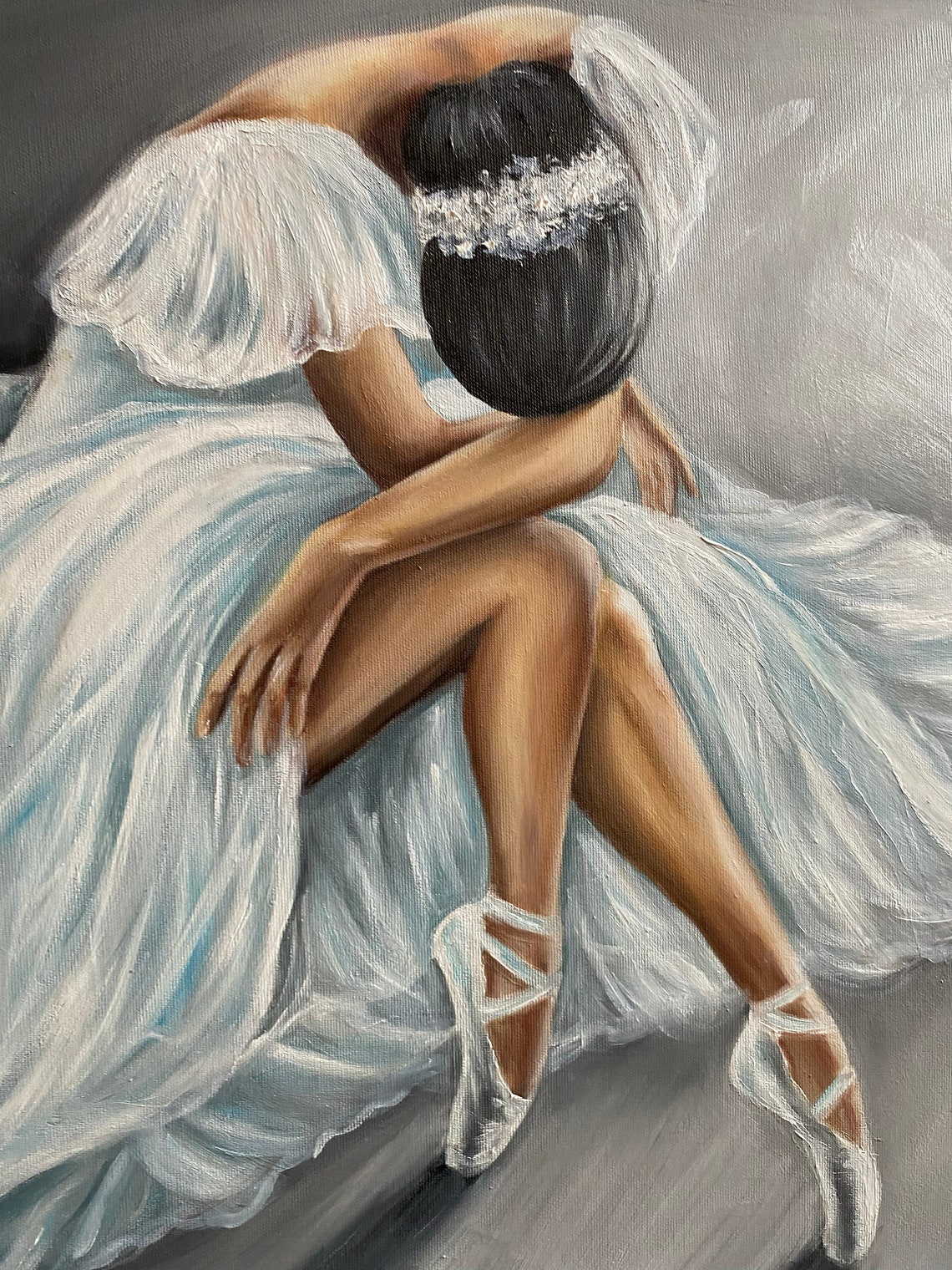 Ballerina Sitting On Floor Oil Painting Original Beautiful Woman Art Lady Artwork Hand Painted Girl In White Dress Painting On - Image 3