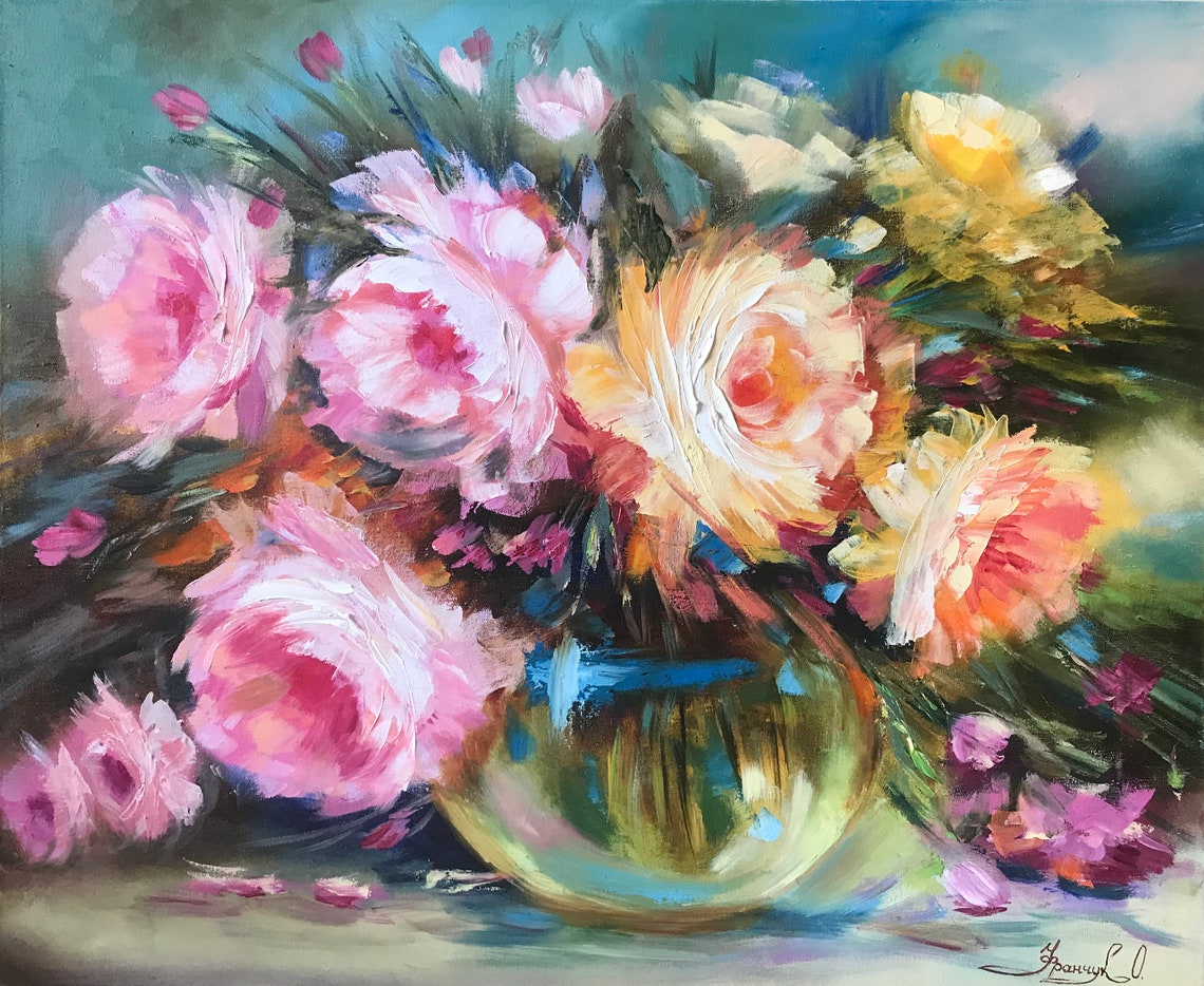 Pink Roses Oil Painting Original Rose Flowers In Vase Painting Classic Wall Art Pink Flowers Art Roses Bouquet Oil Painting Art Gift For Her
