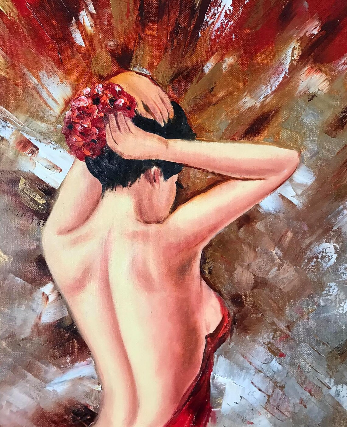 Ballerina Red Dress Back View Dancing Fire Gold Abstract Figure Oil Painting Poster - Image 2