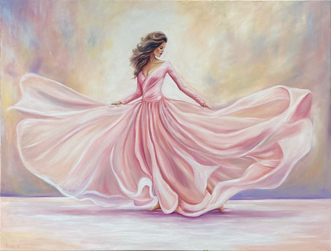 Dancing Woman Painting On Pink Ballerina Wall Art Elegant Lady In Pink Dress Painting Modern Ballerina Art Dancer Oil Painting - Image 2