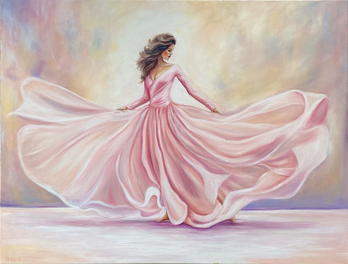 Dancing Woman Pink Flowing Gown Soft Pastel Oil Painting Elegant Art Poster - Image 2