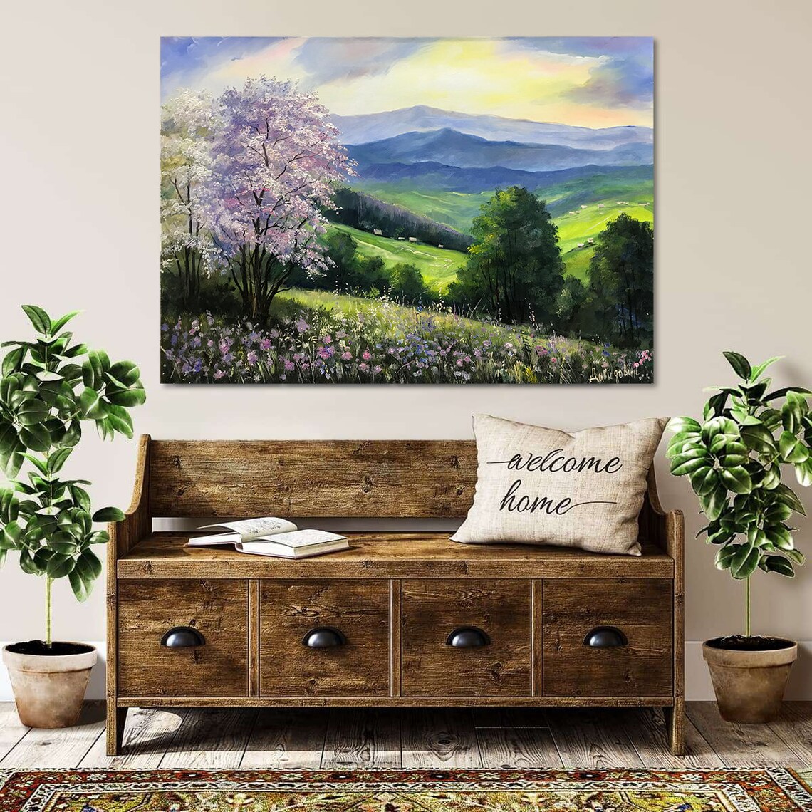 Blue Ridge Smoky Mountains Spring Blossom Valley Oil Painting Poster - Image 2