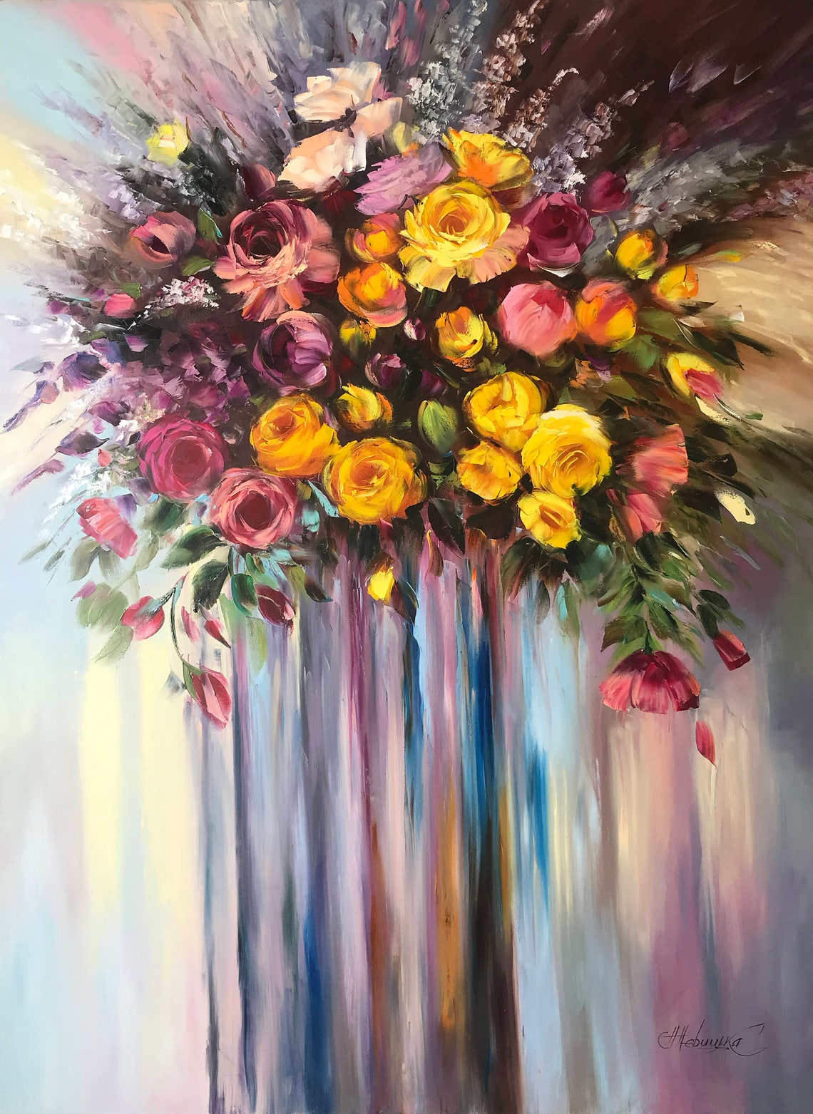 Abstract Floral Bouquet Roses Oil Painting Colorful Drip Art Poster - Image 3