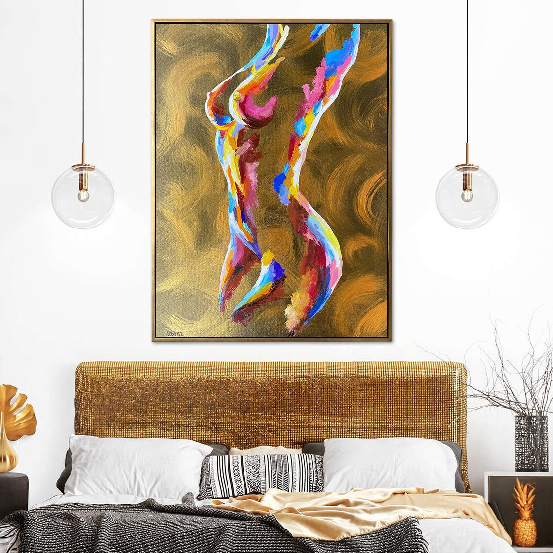 Abstract Colorful Nude Woman Figure Gold Background Art Print - Image 2