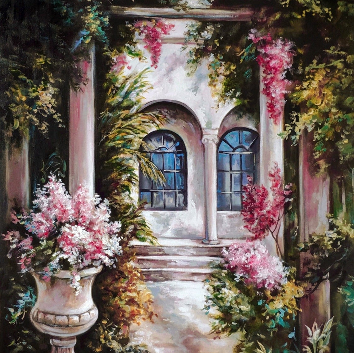 Italian House Painting Hand Painted Italian Garden Framed Art Patio Painting Original Positano Painting Italy Village Painting Italy Artwork - Image 2