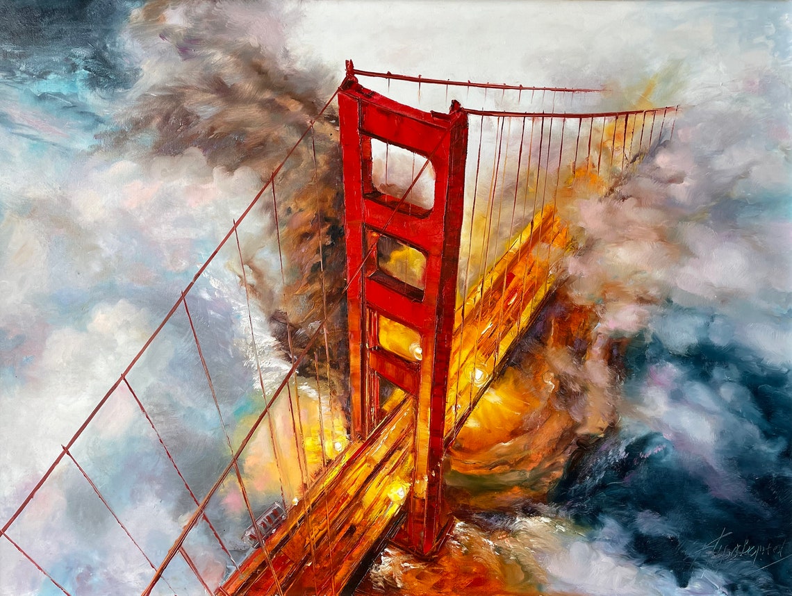 California Painting San Francisco Wall Art Golden Gate Bridge Oil Painting Karl The Fog Bay Area Painting 40x30 Blue Red Sf Wall Art