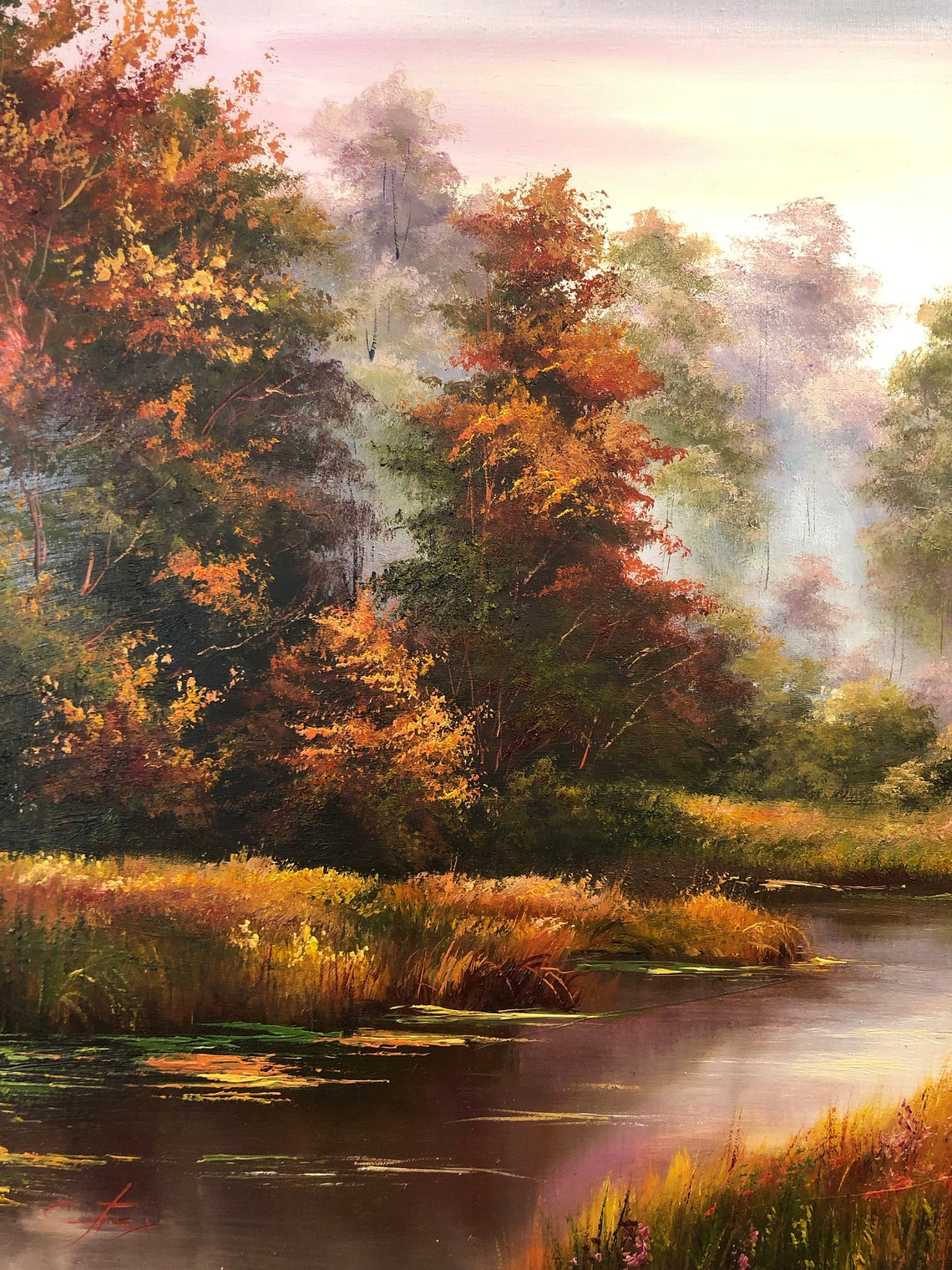 Autumn Oil Painting On Landscape Foggy Forest River Painting Dark Nature Wall Art Original Framed Plein Air Painting - Image 2