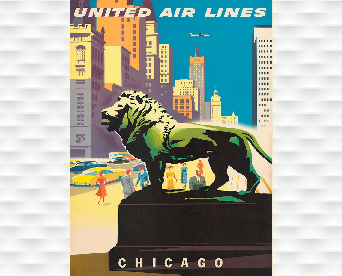 United Air Lines Chicago Lion Statue Skyline Vintage Airline Poster