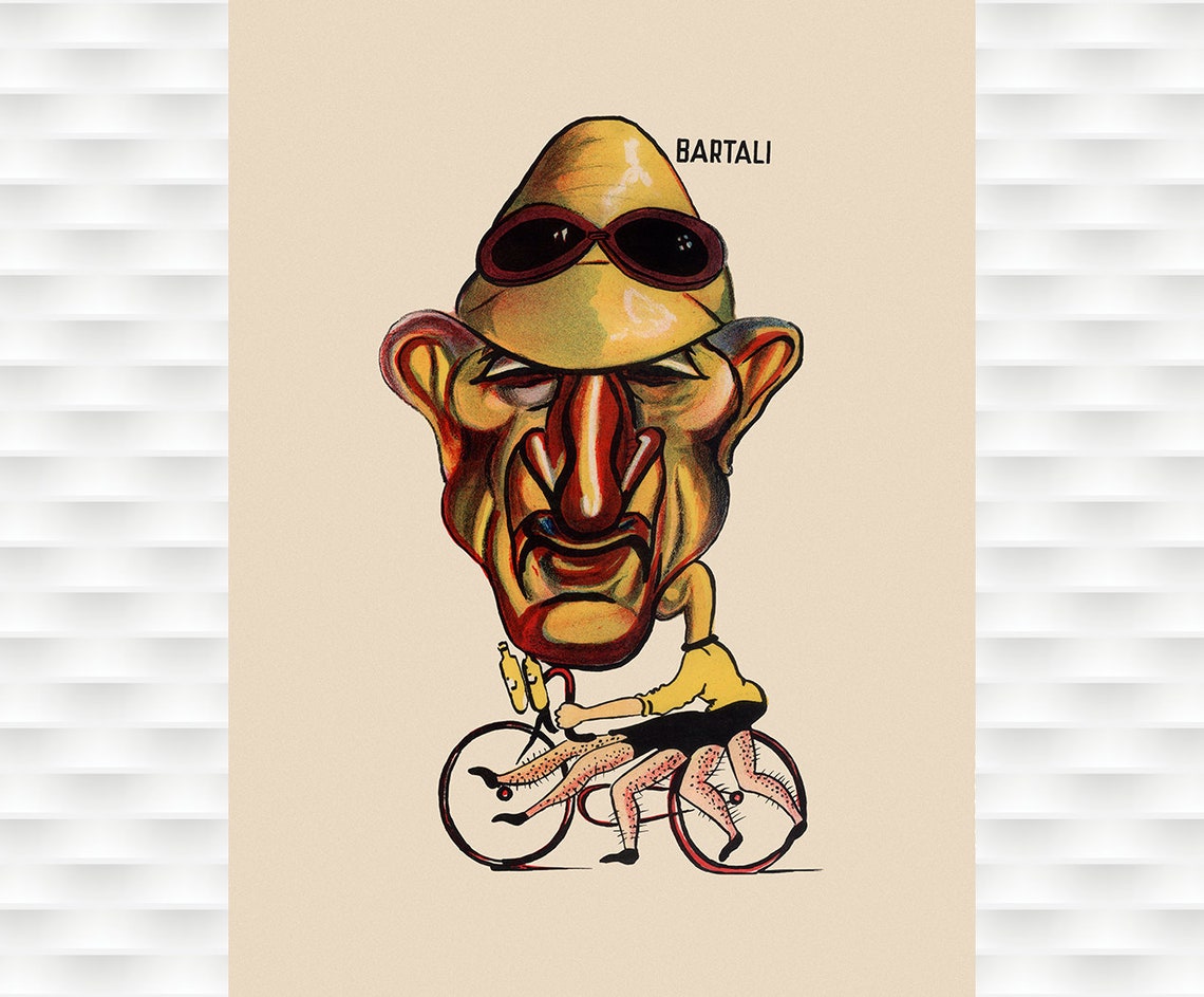Gino Bartali Caricature Cycling Champion Vintage Illustration Poster