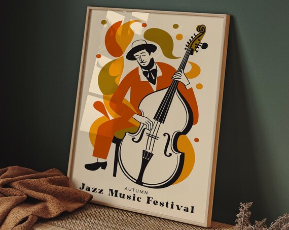 Autumn Jazz Music Festival Double Bass Player Retro Art Poster