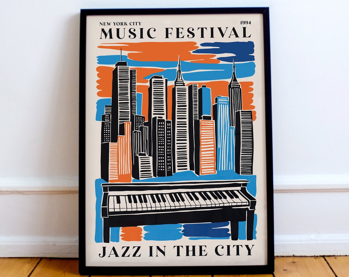 1994 New York City Jazz Festival Poster Retro Music Festival Art Print Nyc Skyline Jazz Lovers Gift Idea Colorful Nyc Wall Art Mancave