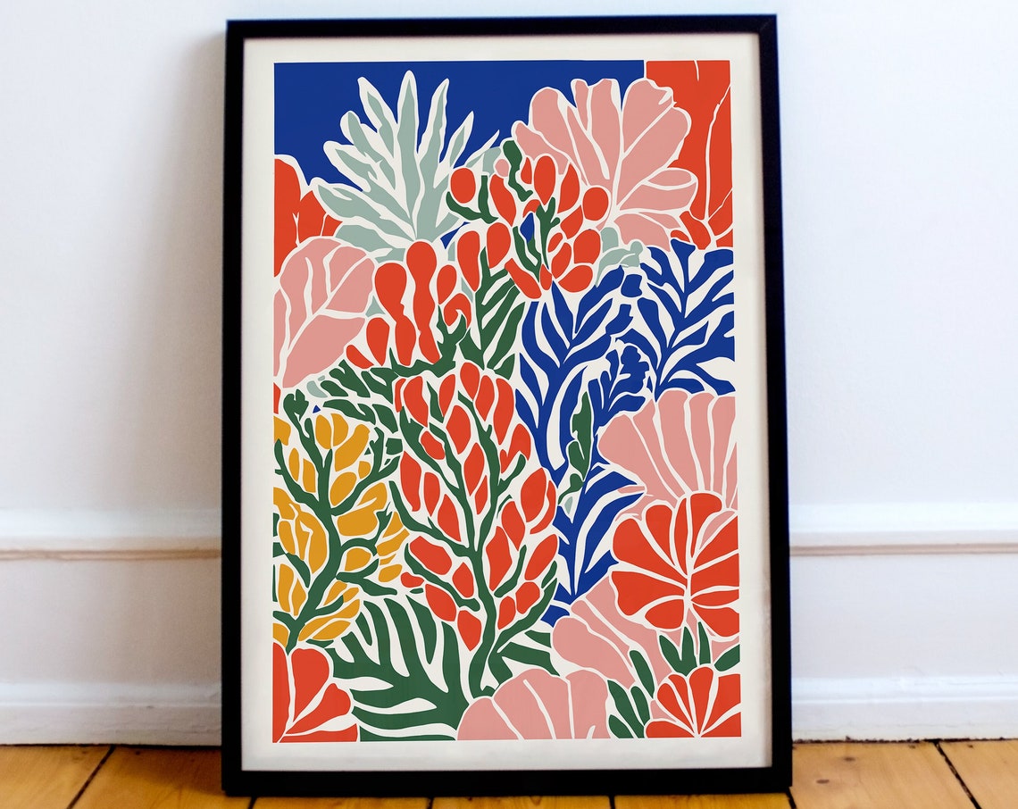 Abstract Coral Pink Blue Botanical Garden Matisse Style Art Poster